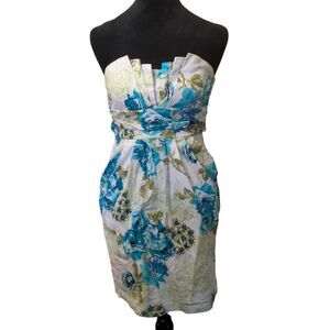 Ruby Rox Y2K Floral Strapless Dress Sz 5 Blue Green Pleated Bust Sun Dress